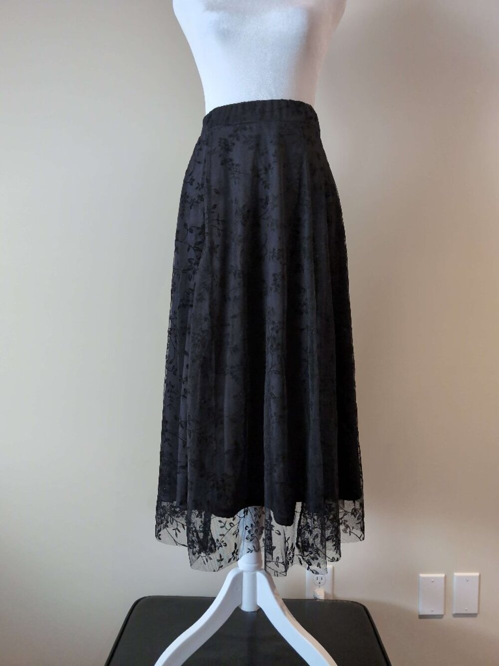 Black Velvet Floral Mesh Overlay Midi Skirt Gothic Whimsigoth Dark Romantic